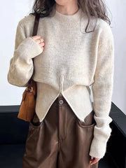 Hnewly Cinched Waist Sweater for Women Pullovers Long Sleeve Mock Neck Plain Knitted Jumper with Zip Front Trendy Fall Winter Outfit