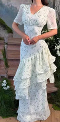 Hnewly  Women Chic V-neck Ruffle Puff Sleeves Flowy Dress Cream Floral Ruched Waist-cinching Dresses Ladies New Daily Party Gowns
