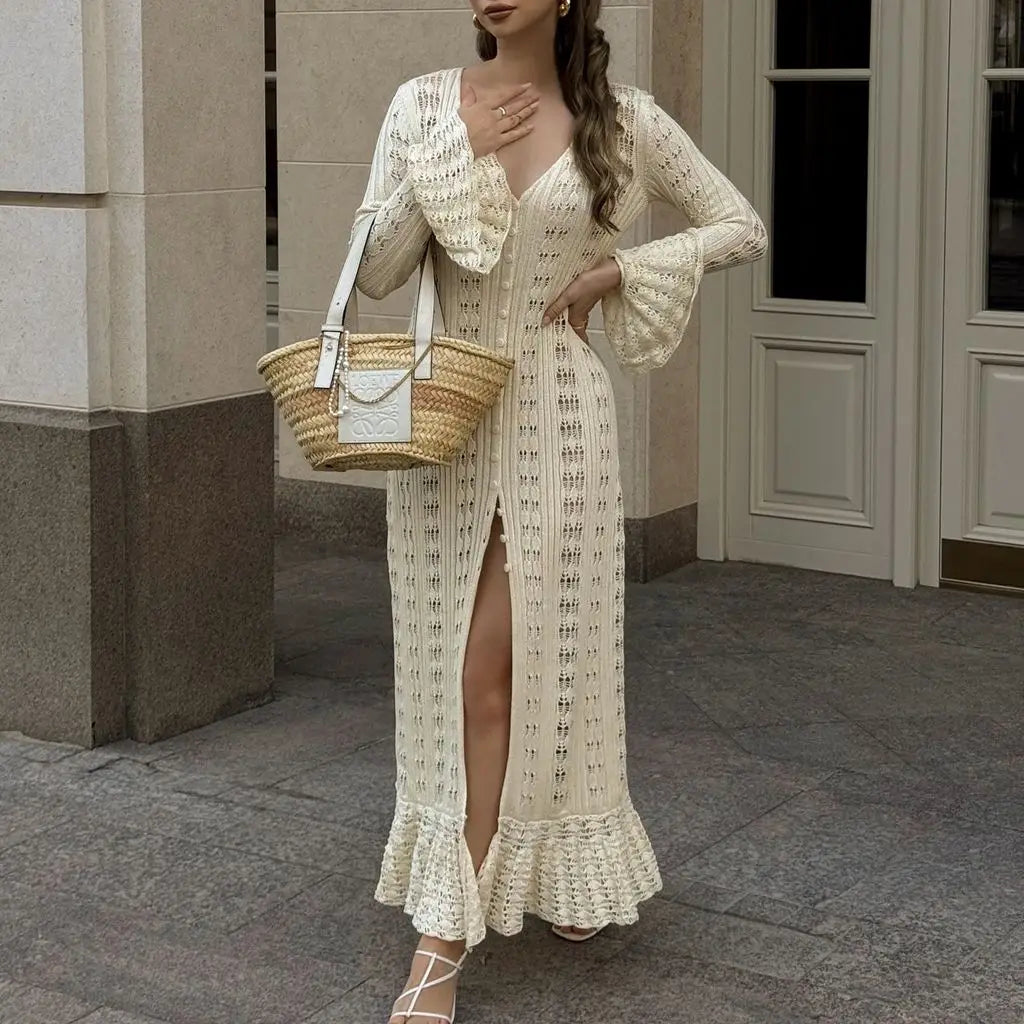 Hnewly Women Y2K Chic Flare Long Sleeve Aesthetic Button-down V-Neck Ruffle Hem Hollow Out Knitted Long Dress Boho Beachwear