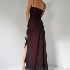 Hnewly  Dark Red Spaghetti Straps Tulle Mermaid Prom Gown  Sexy High Side Slit Cocktail Party Floor Length Evening Dress