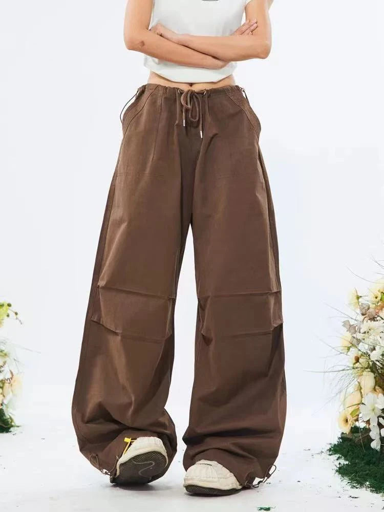 Hnewly Y2K Vintage Drawstring Parachute Pants Women Hip Hop Loose Streetwear Cargo Pants American Low Waist Hot Girls Wide Leg Trousers