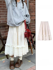Hnewly  Soft Sle White Lace Splicing Cake Skirt Plu Loose A-Line Long Skirt Women's Autumn Winter New Sle High Waist Inner Line...