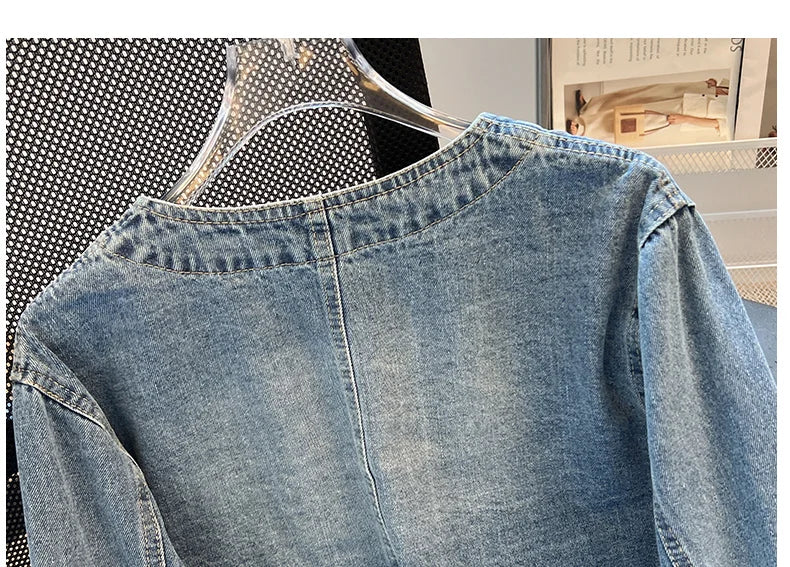 Hnewly  Light Blue Retro Denim Jacket Women's Spring Single Breasted Loose Cardigan Short Top Autumn O-Neck Long Sleeve All-Matched Top