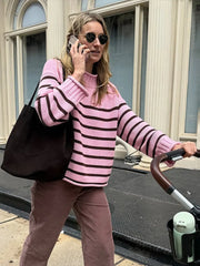 Hnewly  Casual Pink Striped Knit Sweater Women Loose O-neck Long Sleeve Female Pullovers Autumn Winter Lady All-match Warm Knitwear