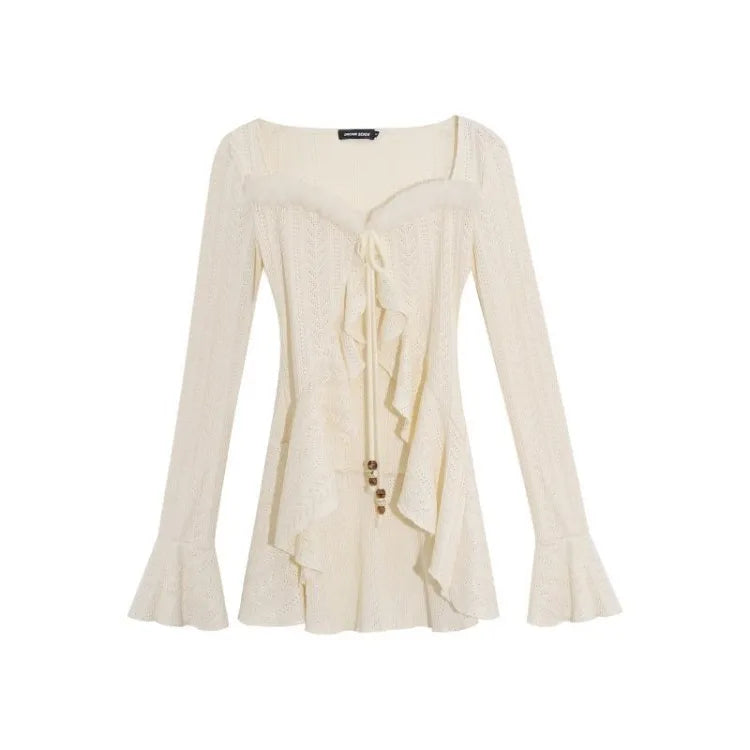 Hnewly American Retro Slim Fit Camisole Dress for Women+ Ruffles Long Sleeve Knitted Cardigan 2024 Autumn New Two Piece Sets