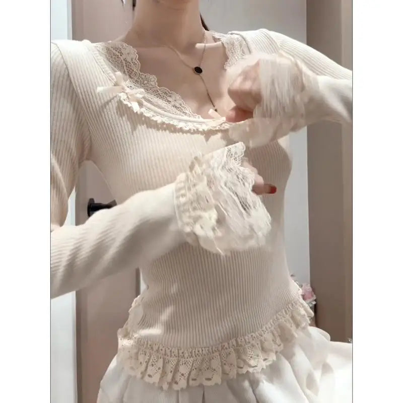 Hnewly  Y2k Elegant Streetwear T Shirt Bow Lace Patchwork Slim Sweet Tees Autumn French Elegant Sexy Coquette Tops Women's