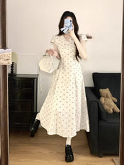 Hnewly  Woman Dresses Print Floral V Neck Spring Summer Elegant Vestidos Mujer Korean Fashion Versatile Sweet Long Dress