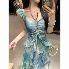 Hnewly  French Summer Temperament Vacation Suspender Styling Summer New Waist-loading Print Dress  the dress black dress white dress