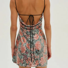 Lunivop  Fashion Sequin Rose Floral Print Sling Mini Sexy Dresses Women Summer Night Out Party Robe  Backless Dress
