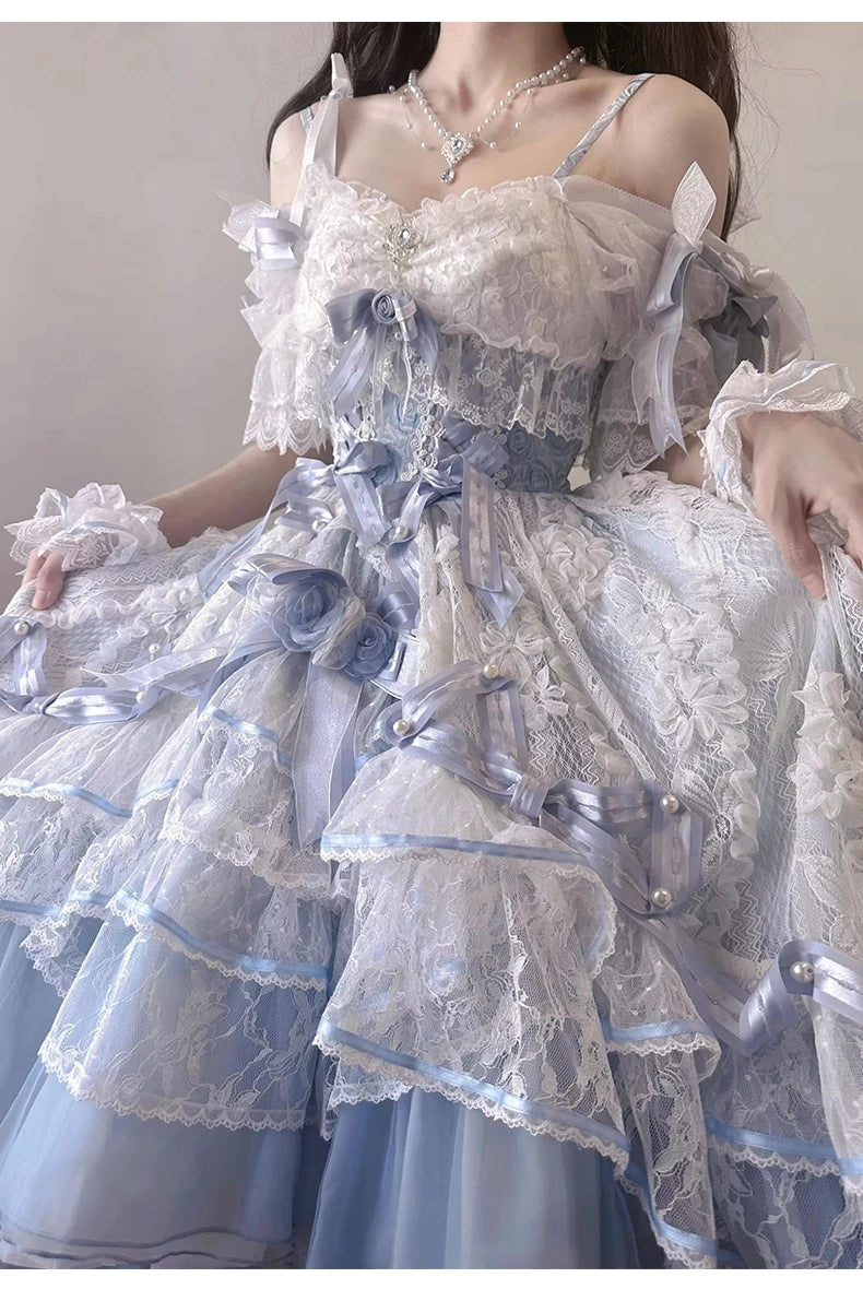 Hnewly  French Sweet Girl Original Lolitajsk Dress Lace Flower Wedding Dress Student Bar Mitzvah Blue Suspender Princess Dresses
