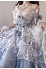 Hnewly  French Sweet Girl Original Lolitajsk Dress Lace Flower Wedding Dress Student Bar Mitzvah Blue Suspender Princess Dresses