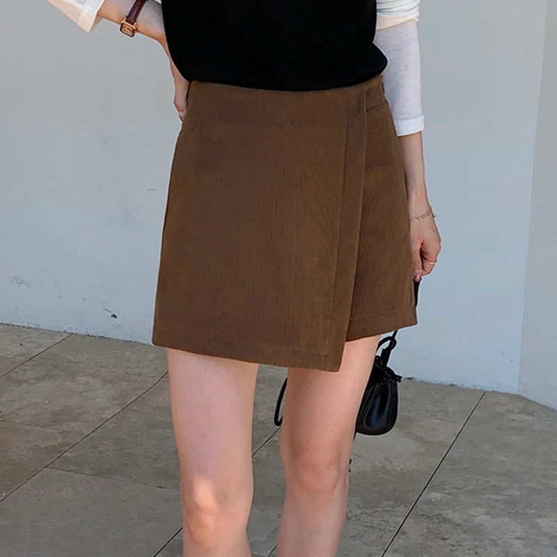 Hnewly  Fashion Faux Two Pieces Pants Skirts Women Korean High Waist Corduroy Mini Skirts Woman Autumn Winter Zipper Up Skirt Mujer