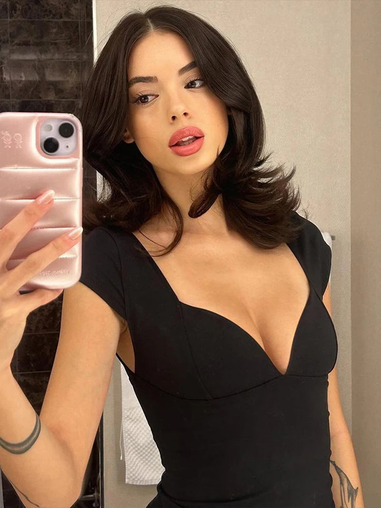Hnewly  Simple Crop Tops Women Deep V-Neck Snap Sleeve 2025 Summer Daily New Trend Solid Classic Basic Street Commute T-Shirt