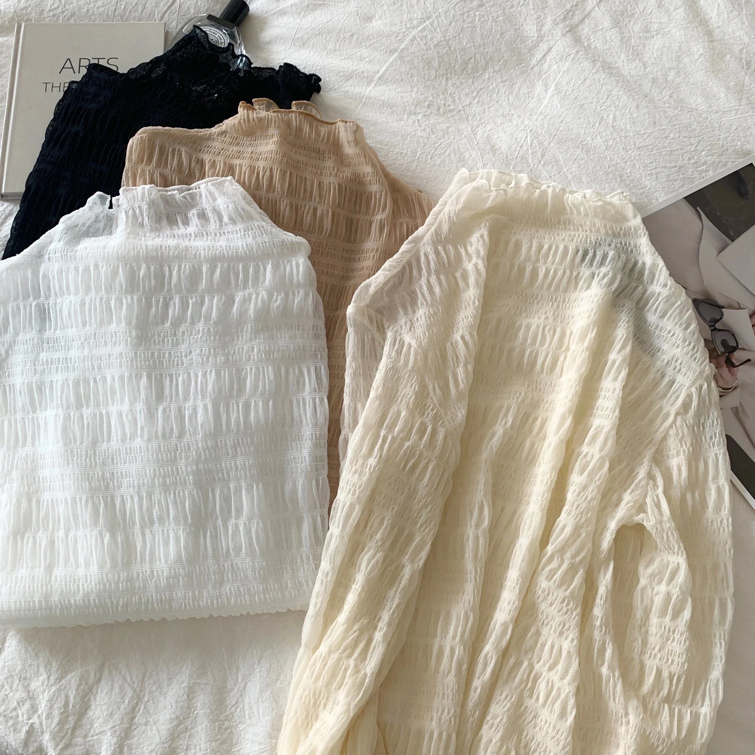 Hnewly Women T-Shirts Vintage Pleat Long SleeveTop Spring Autumn Mesh Fabric Lace Half Turtleneck Korean Fashion All-match Shirt