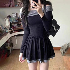 Hnewly Christmas Dress Women y2k Clothes Contrast Color Cold Shoulder Long Sleeve A Line Mini Dress Evening Party Dresses
