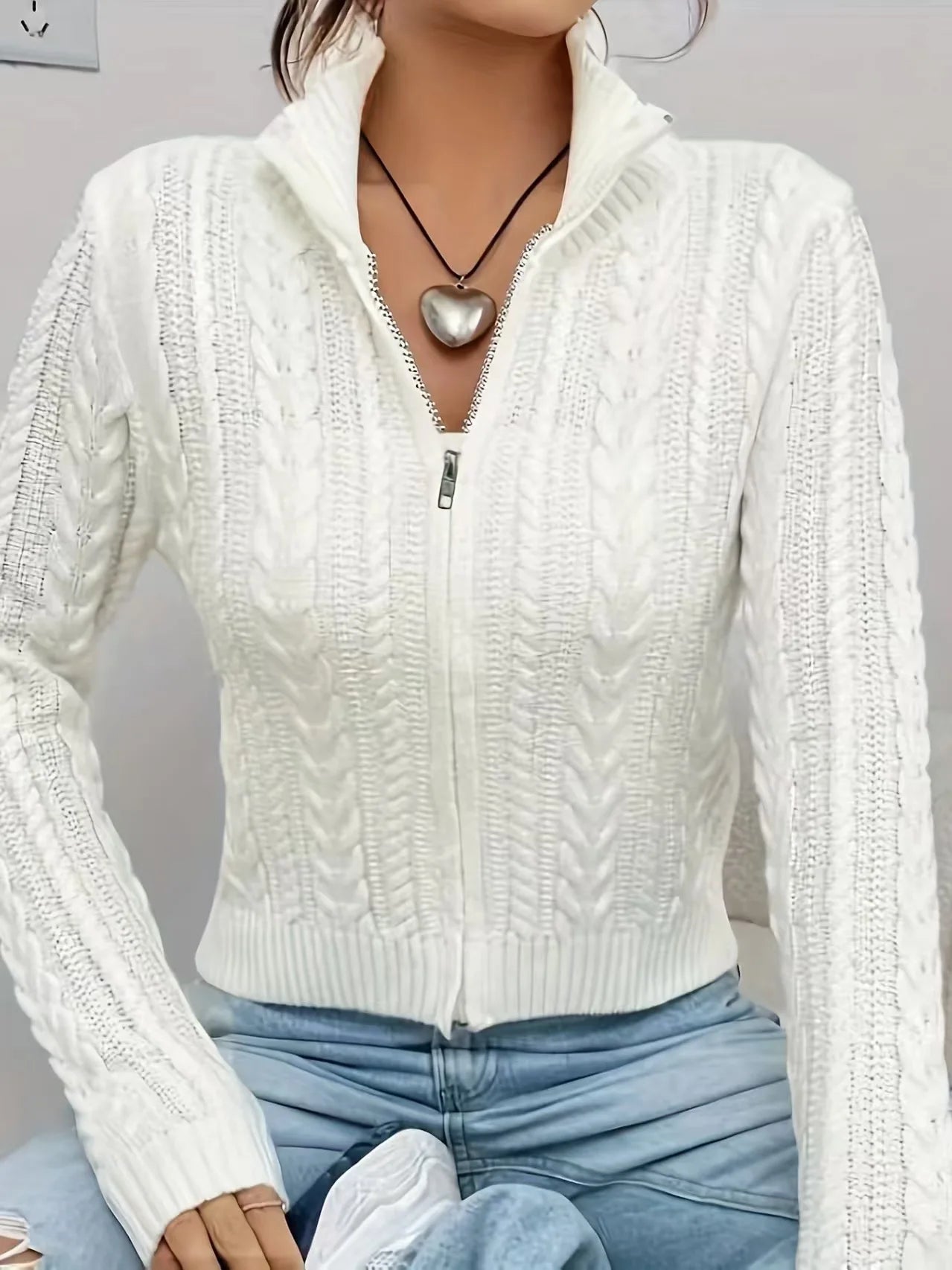 Hnewly  Zip Up Crop Cardigan for Women Boxy-fit Zipper Front Cable Knit Sweater Jacket Autumn Winter Teen-girl Y2K Outfit