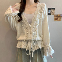 Hnewly  Japanese Style Hollow Cardigan Women Chic V-Neck Single Breasted Knitted Cardigan Woman Loose Drawstring Outwear Female