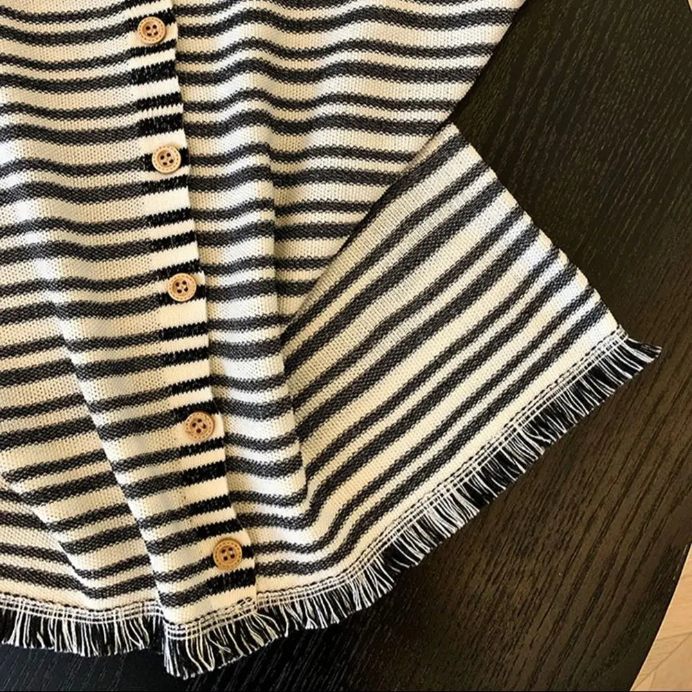 Hnewly  Striped Round Neck Knitted Sweater Cardigan Women's Tassel Sleeveless Vest Tops Single Breasted Versatile Fashion Jacket