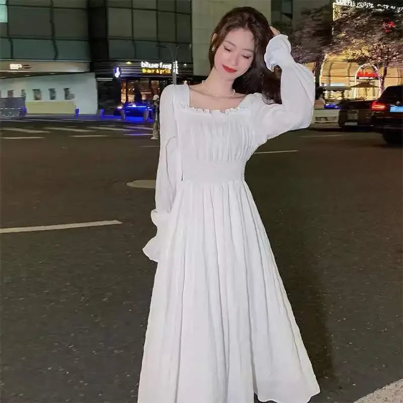 Hnewly DRESS TO IMPRESS Dress Women Gentle Vintage Pure Chic Long-sleeve Folds Square Collar A-line  Autumn Dating Vestidos Defined Aesthetic OOTD