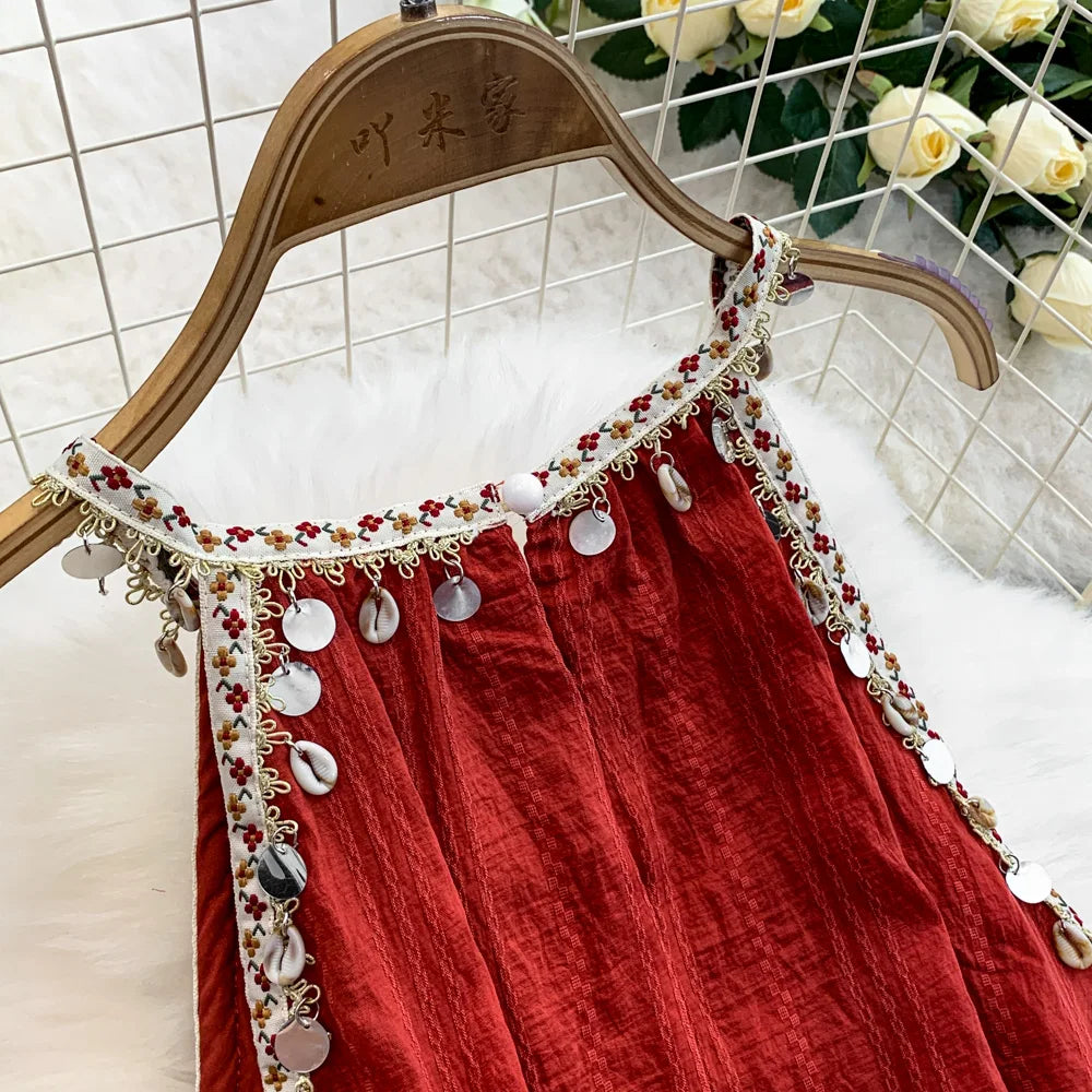 Hnewly  Bohemian Vacation Style Red Dress Design Sense Tassel Irregular Loose Dresses French Style High-end  Sleeveless Long Dress