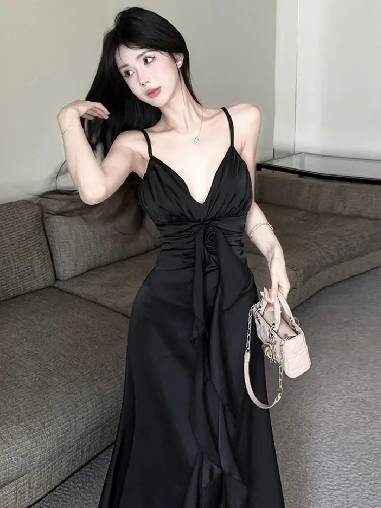 Hnewly  Women Dress Sexy V Neck Sleeveless Backless Ruffles Ribbon Backless Elegant Temperament Party Dresses Ladies Fashion