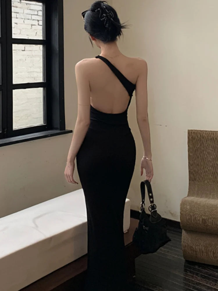 Hnewly Elegant Solid Color Princess Evening Dresses French Romantic Black Hip Wrap Graduation Dress Korean Summer Strap Wedding Dress