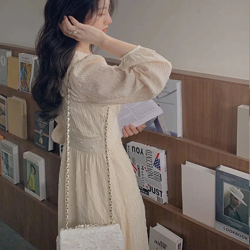 Hnewly New Vintage French Puff Sleeve Midi Dresses for Women Korean Sequins Party Dress V Neck Elegant Fairy Wedding Dress Robe
