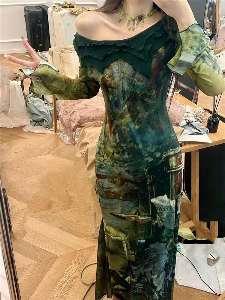 Hnewly Elegant Vintage Green Print Dresses Y2k Skew Collar Long Sleeve Dress for Women Spring New Slim Fit Bodycon Vestidos Mujer