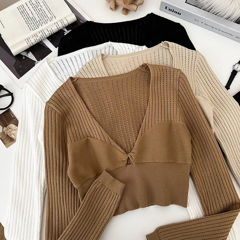Hnewly  Rib Knit Crop Top with Keyhole Criss-Cross Front Long Sleeve V-Neck Short Sweater Pullovers Women Teen-girl Y2K 90s Outfit