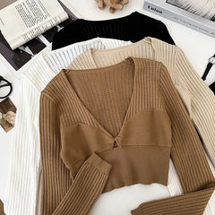 Hnewly  Rib Knit Crop Top with Keyhole Criss-Cross Front Long Sleeve V-Neck Short Sweater Pullovers Women Teen-girl Y2K 90s Outfit