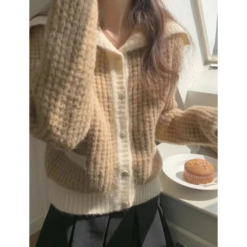 Hnewly  Sailor Collar Sweater Cardigan for Women Soft Waffle Knit Button Front Sweater Jacket Teen-girl Fall Winter Classic Chic Outfit