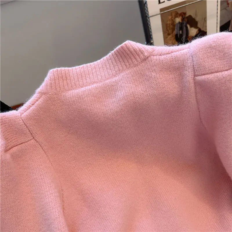 Hnewly  Elegant Metal Button Sweater Solid Long Sleeve Korean  O-Neck Puff Sleeve Knit Cardigan Coat Women Spring  Autumn Loose Top