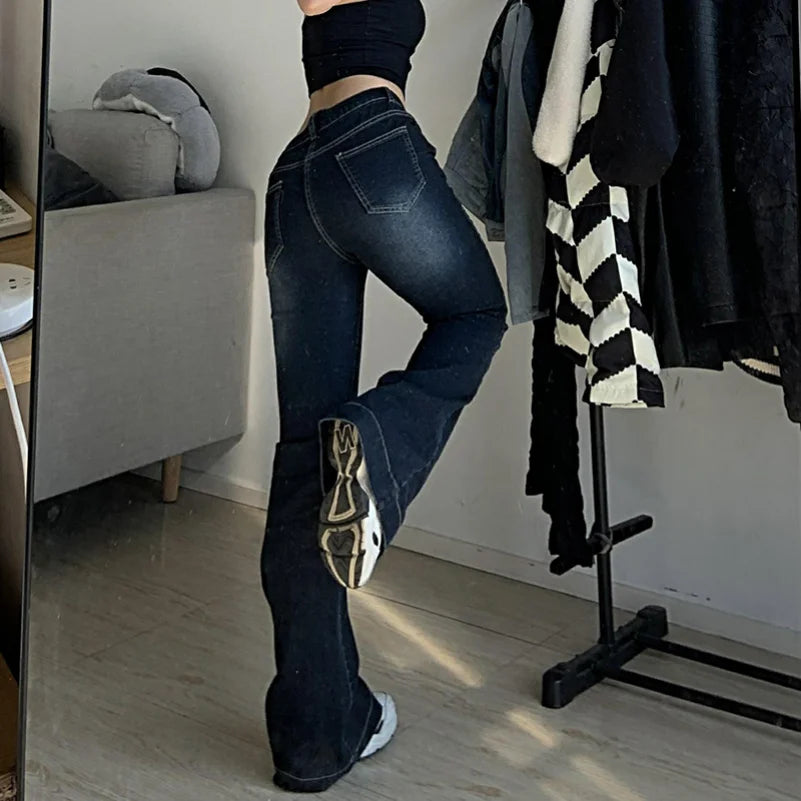 Hnewly New Flare Jeans Women's Low Waist Trousers Vintage Aesthetic Denim Pants Streetwear Mom Casual Korean Fashion Y2k  Jeans