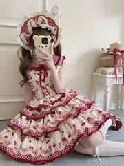 Hnewly  Sweet Lolita Cute Skirt and Top 2-Piece Set Summer Japanese Girl's Bow Cherry Print Tea Party Split Dress for Women Outfits