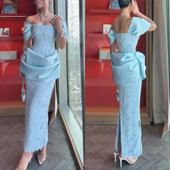 Lunivop  High Quality Customized Strapless Off Shoulder Blue Striahght Robe Designer Luxe Soirée Party Dresses Luxury Vestido Longo