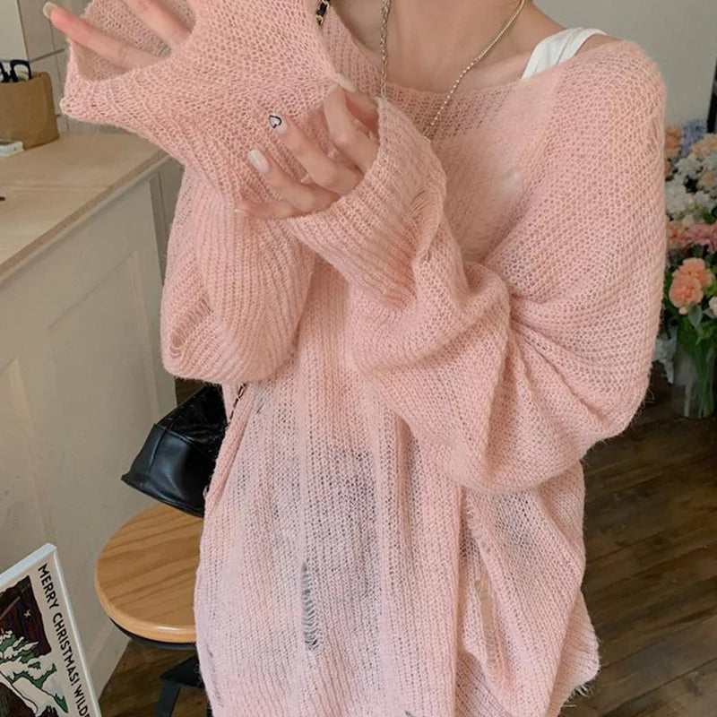 Hnewly Gothic Sweater y2k Clothes Women Solid Color Round Neck Long Sleeve Ripped Knitted Top 2000s Grunge Clothing Streetwear