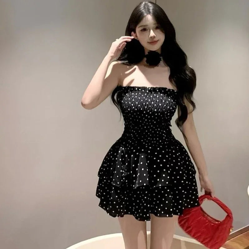 Hnewly DRESS TO IMPRESS Summer Lady Chic Fashion Ruched Mini Skirts Girls Korean Wave Point Short Dress Women Comfortable Off Shoulder A-line Dress