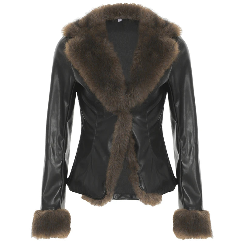 Hnewly winter club outfits Autumn New Clothes Women’s Leather Coat Long Sleeve Spliced Faux Trim Button Slim Fit Chic Coat