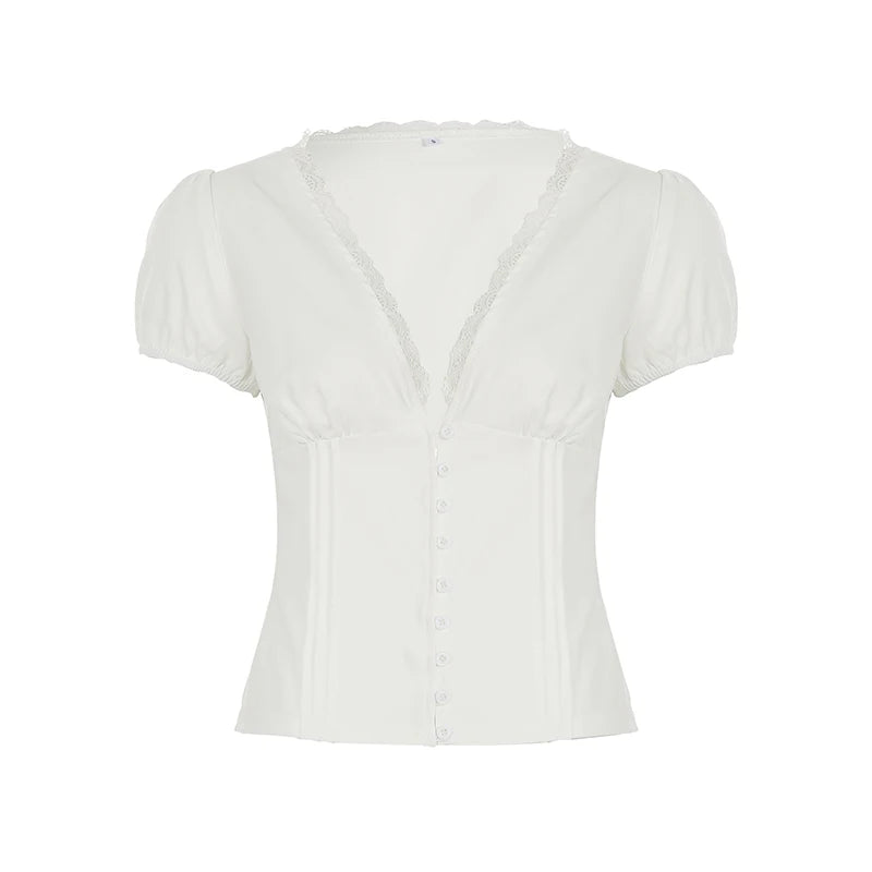 Hnewly Elegant Lace V-neck Blouse Women Vintage 2000s Button Up Short Sleeve Slim-fitting Crop Tops Summer Casual Streetwear Tee