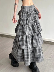 Hnewly  Vintage Plaid Skirt Women Preppy Style Sweet Ruffle Cake Long Skirt Harajuku Fashion Patchwork Layered Skirts Street