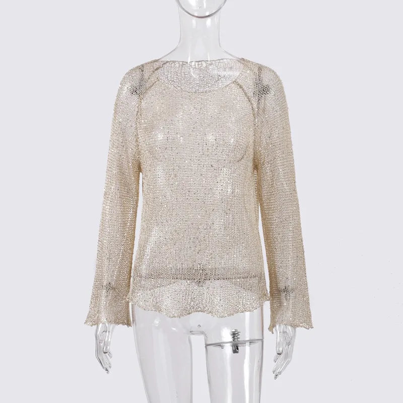 Hnewly  Sequins Hollow Out Pullovers Women Loose O-neck Long Sleeve Knit Sweaters Female 2025 Spring Shinny Chic Evening Shirts Lady