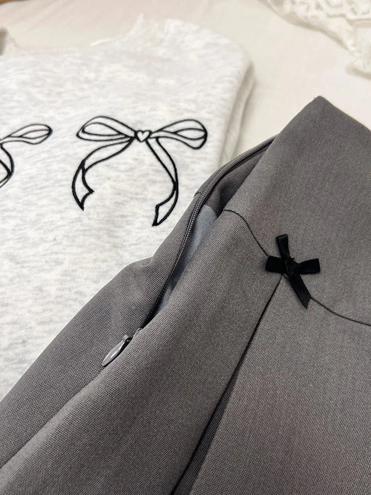 Hnewly Preppy Style Pleated Skirts Classical Grey 2000s Aesthetic High Waist A-Line Skirt Bow Kawaii Girls Elegant Japanese Streetwear