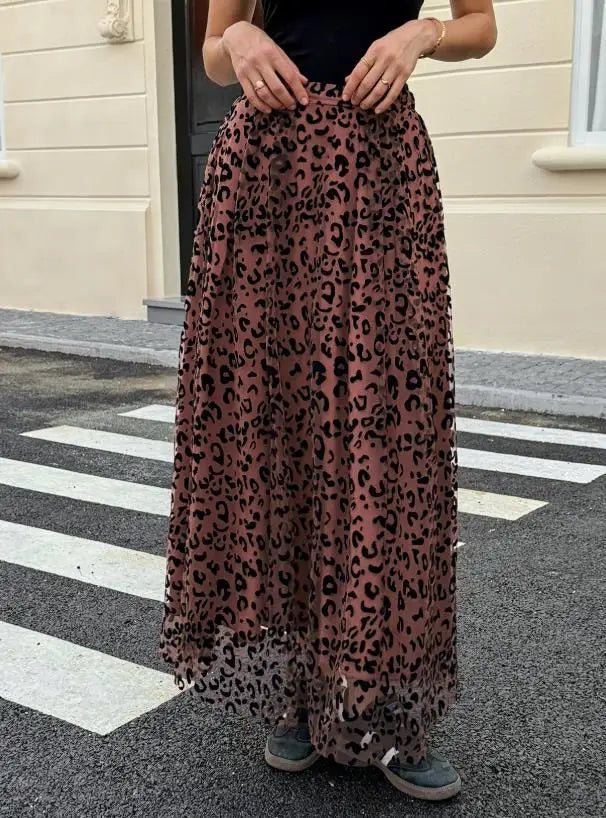Hnewly  Women's Casual Fashion Maxi Skirt Leopard Print Detail with Sheer Chiffon and Flowy Fit Suitable for Daily and Street Wear
