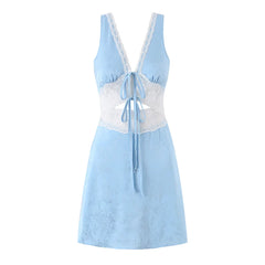 Lunivop  Fashion Light Blue Satin Spliced Lace V neck Tank Dress Women Hollow Out Slim Waist A-lined Sleeveless Short Dresses Femme Robe