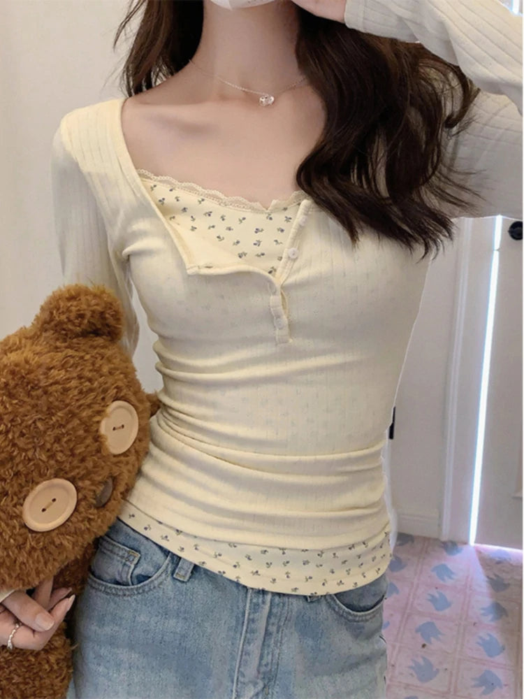 Hnewly FALL OUTFIT T-shirts Women Floral Fake Two Pieces Korean Fashionable Designed All-match Hotsweet Y2k Tops High Street Basic Clothes Fairy
