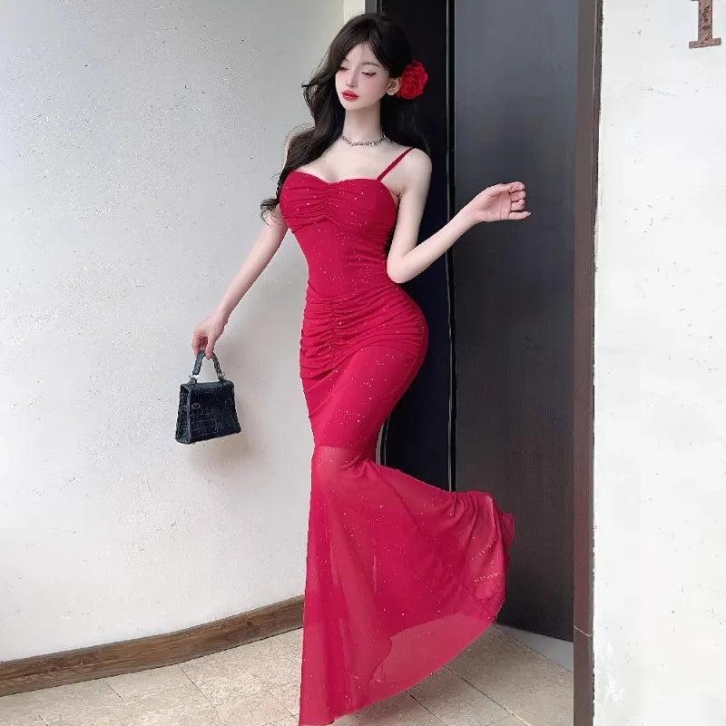 Hnewly  Women Dresses Sleeveless Mesh Patchwork Elegant Slash Neck Sexy Fashion Mermaid Dress Party Female French Style