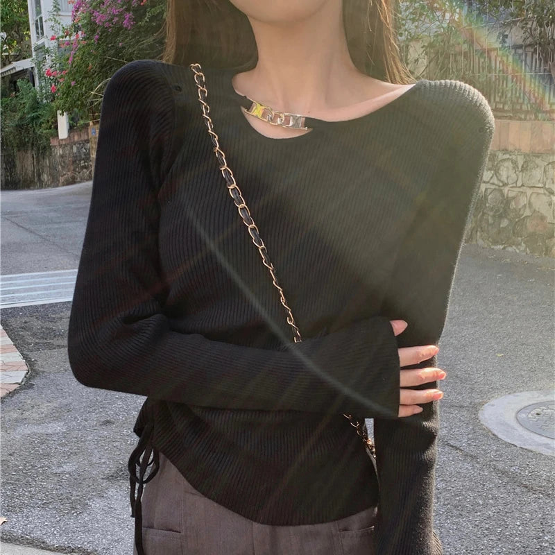 Hnewly y2k Aesthetic Tops Women Clothes Solid Color Metal Chain Decor Round Neck Long Sleeve Knitted T Shirts 2000s Streetwear