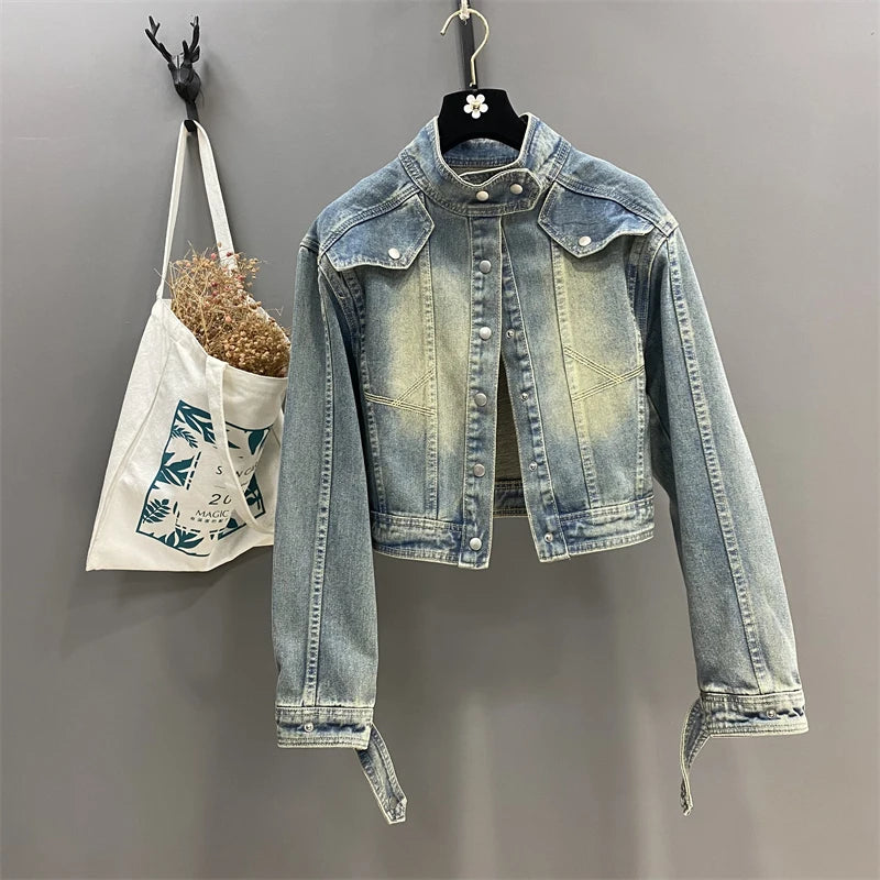 Hnewly  Women Standing Collar Denim Short Jacket Washed  Polished White Retro Motorcycle Outwear Spring Fashion Slim Long Sleeved Top