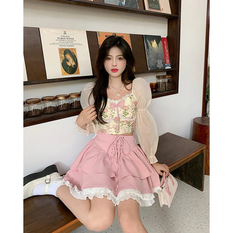 Hnewly Autumn Pink Kawaii Mini Skrts Women Lace Patchwork Korean Fashion Party Skirt Female Casual Chic Designer Bandage Skirts