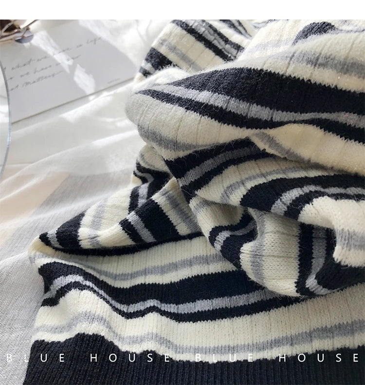 Hnewly  Women's Retro Striped Sweater Korean V-neck Contrasting Spring Autumn Long Sleeved Knitted Cardigan Coat  All-Matchded Loose Top